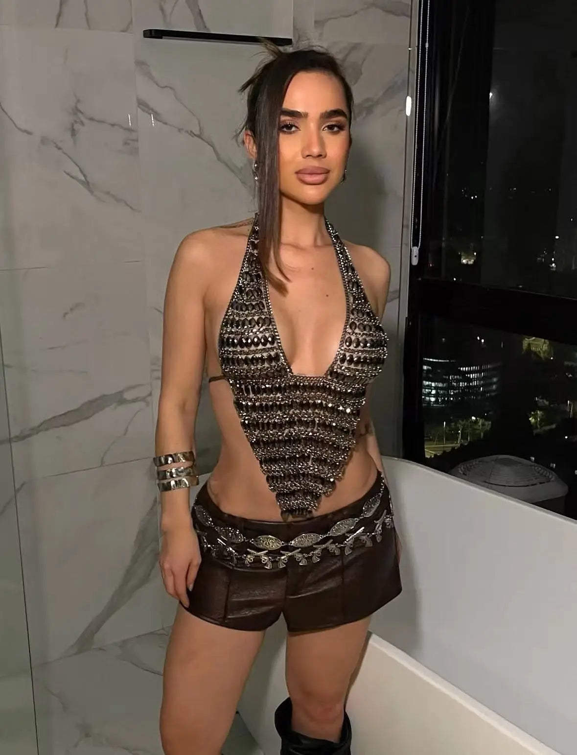 Chain Patchwork Beach Camisole Women V-Neck Sexy Backless Summer Trend Street Midnight Versatile Hottie Classic Tops