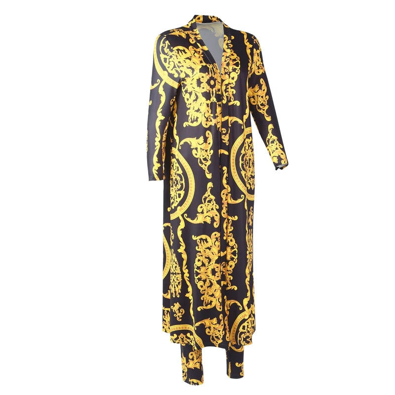 Women Tracksuit Fashion Sexy Long Sleeve X-long National Print Trench Coat Skinny Leggings 2 Piece Sets Suits Outfits