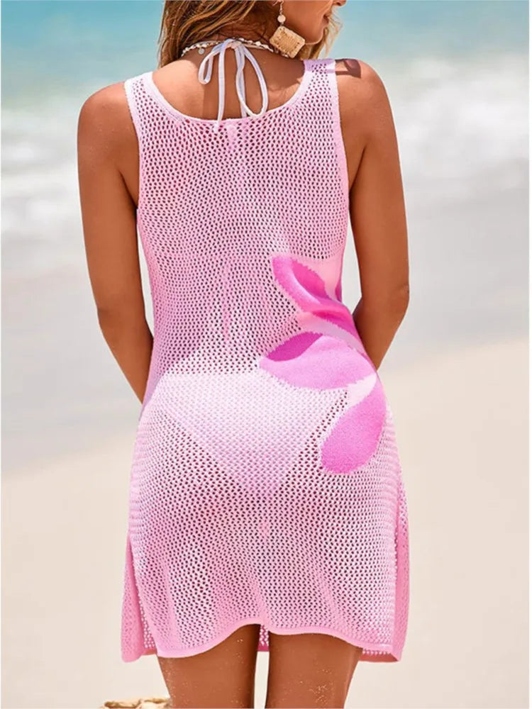 Sexy Women Knit Beach Dress Hollow-Out O-Neck Sleeveless Bikini Cover-Ups Dress Holiday Dress 2026 Summer Swimwear Beach
