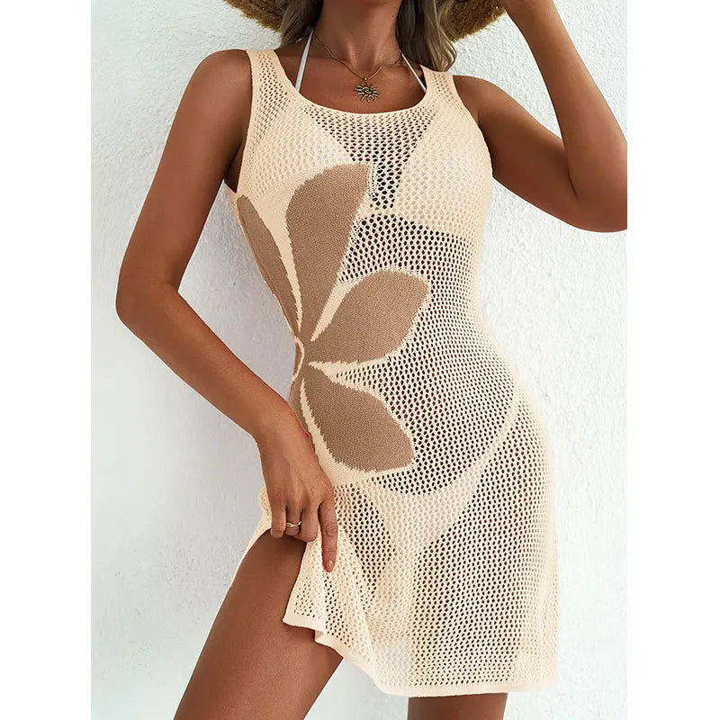 Sexy Women Knit Beach Dress Hollow-Out O-Neck Sleeveless Bikini Cover-Ups Dress Holiday Dress 2026 Summer Swimwear Beach