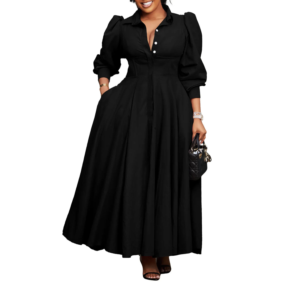 Women Spring Dress Ladies Casual Plus Size Slim Office Dress Retro Elegant V-Neck High Waist White Long Sleeve Party Dress