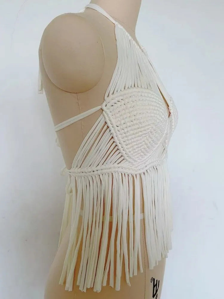 Women's Boho Fringe Backless Halter Tie Neck Underwear Outerwear with Neck Hanging Embroidery Tassel Suspender Vest Short Tank