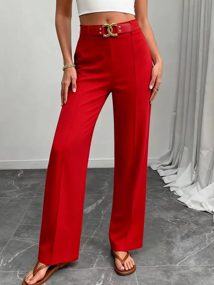 Women High Waist Wide Leg Pants Shiny Fuchsia Straight Pants Long Palazzo Casual Trendy Trousers 2026 Spring Autumn New