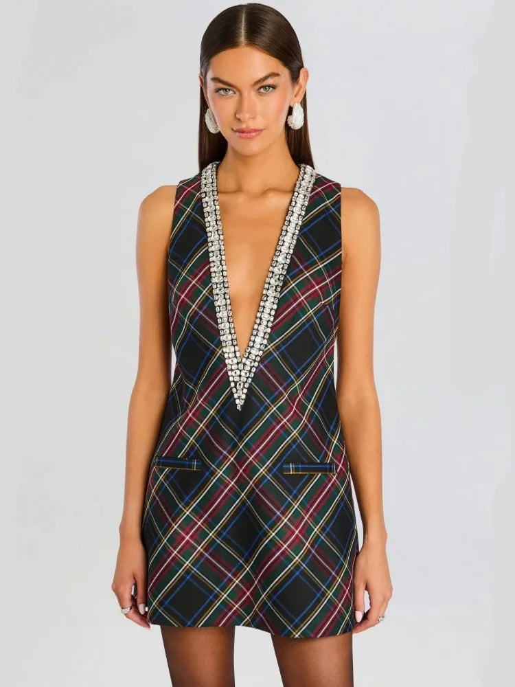 Elegant Women Luxury Formal Rhinestone V-Neck Mini Dress Fashion Sleeveless Evening Ladies Street Party Vestidos Spring Summer