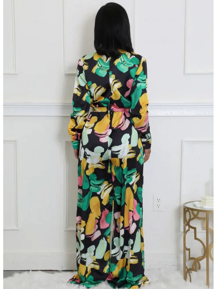 Women Jumpsuits For Autumn Long Sleeve Print Flower Loose Fashion Streetwear Overalls Wide Leg Pants Trousers 2025 Spring