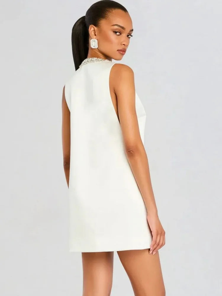 Elegant Women Luxury Formal Rhinestone V-Neck Mini Dress Fashion Sleeveless Evening Ladies Street Party Vestidos Spring Summer