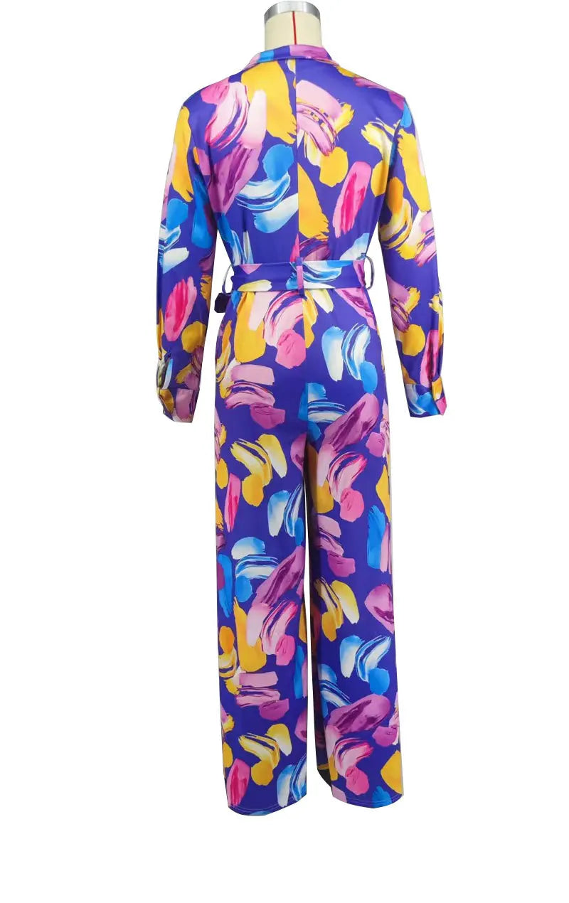 Women Jumpsuits For Autumn Long Sleeve Print Flower Loose Fashion Streetwear Overalls Wide Leg Pants Trousers 2025 Spring