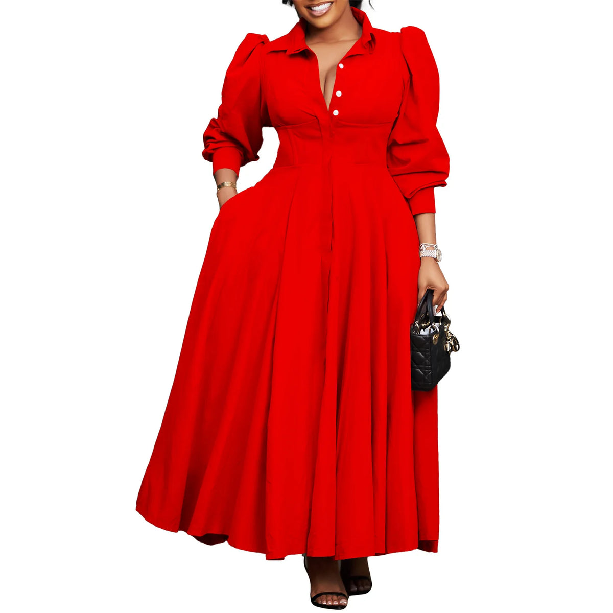 Women Spring Dress Ladies Casual Plus Size Slim Office Dress Retro Elegant V-Neck High Waist White Long Sleeve Party Dress