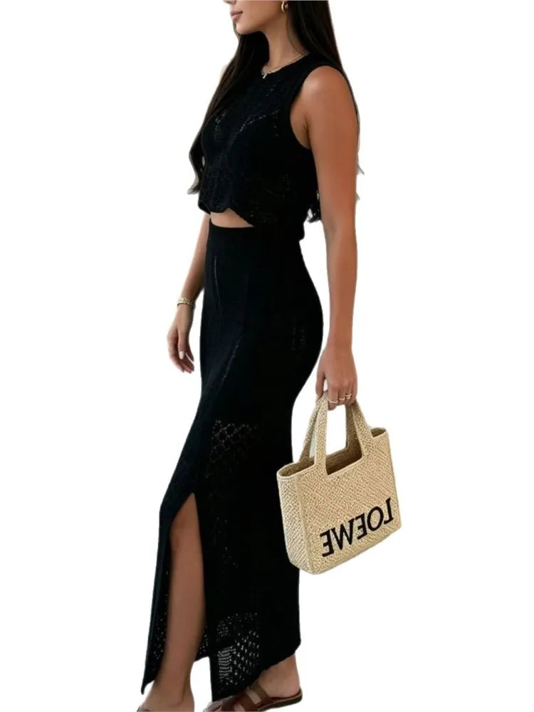 Swimwear Skirt Cover-up 2 Piece Set Women Crop Tops And Midi Skirt Bathing Suit Fashion Solid Hollow Sexy Beach Cover Up Outfits