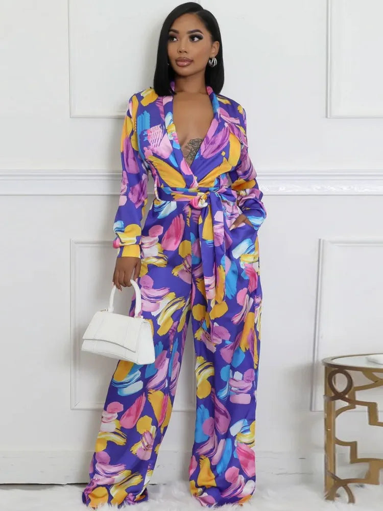 Women Jumpsuits For Autumn Long Sleeve Print Flower Loose Fashion Streetwear Overalls Wide Leg Pants Trousers 2025 Spring