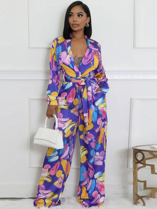 Women Jumpsuits For Autumn Long Sleeve Print Flower Loose Fashion Streetwear Overalls Wide Leg Pants Trousers 2025 Spring