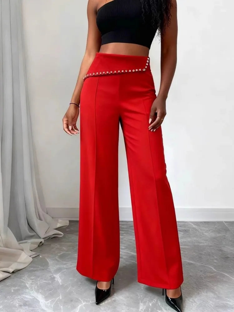 Women High Waist Wide Leg Pants Shiny Fuchsia Straight Pants Long Palazzo Casual Trendy Trousers 2026 Spring Autumn New