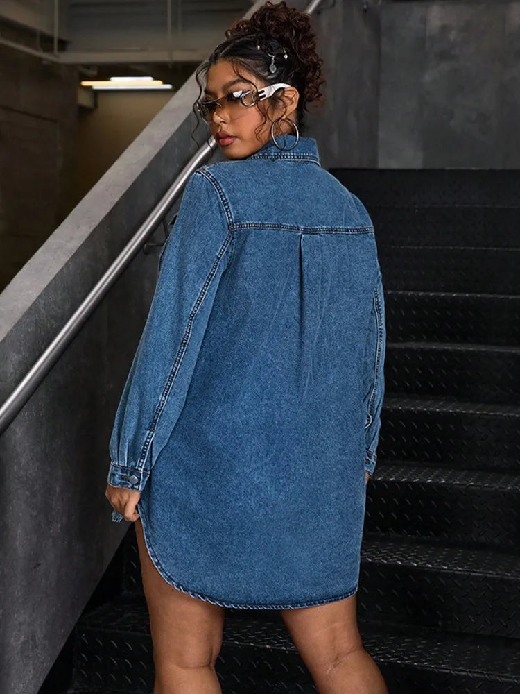 XL-5XL Plus Size Clothes Dresses Women Robes Autumn Winter Loose Street Style Casual 3XL 4XL Big Size Denim Mini Dress Oversized
