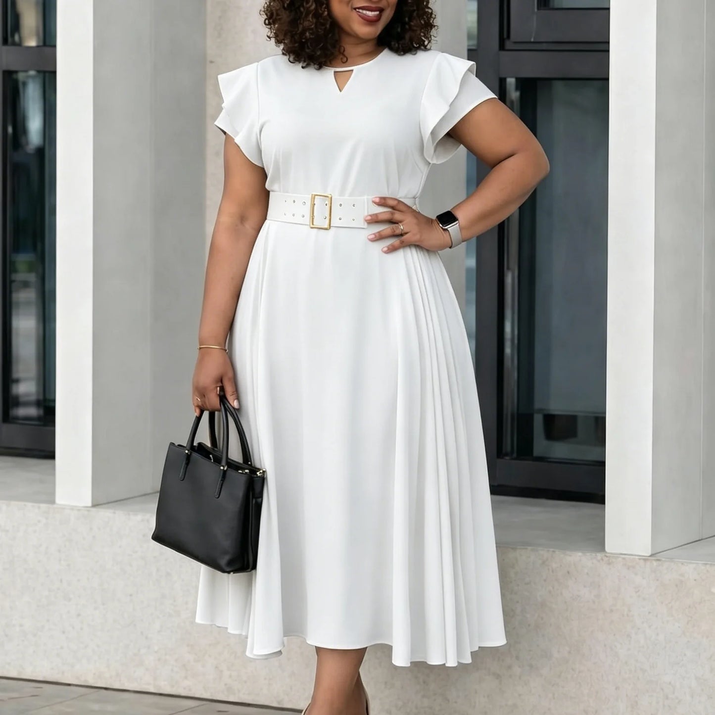 L-3XL Plus Size Elegant Midi Dress 2026 Summer Autumn Women Office Lady Dress Casual Short Sleeve Bandage Robe Oversize Dress