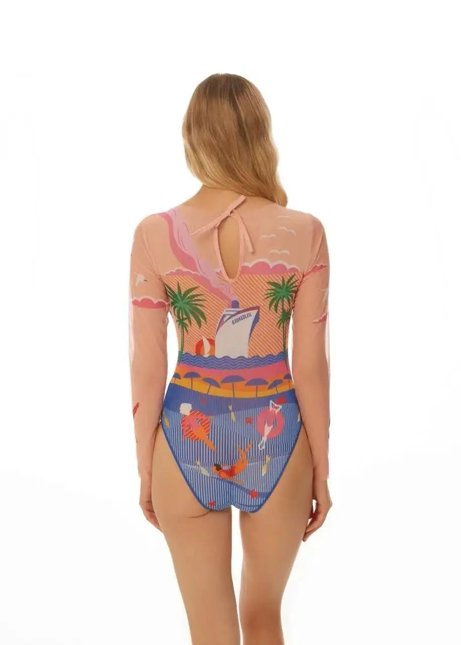 Mesh High Waist Sexy Swimsuit Women Summer Bathing Suit Bikini Set Long Sleeve Swimwear Beach Swimming Suit For Female Купальник