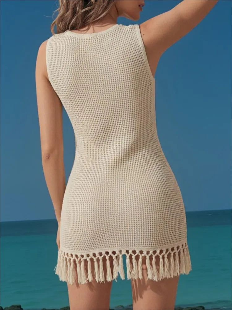 Hollow Out O-Neck Crochet Knitted Tunic Beach Cover Up Sleeveless Cover-ups Beach Mini Dress Beach Wear Beachwear Female