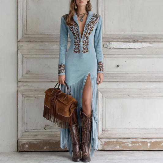 Elegant V-Collar Dress Woman Sexy Embroidered Floral Slim Tassel Dress Vintage Suede Long Sleeve Spring Autumn Dress 2026