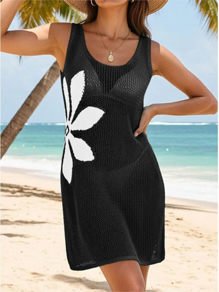 Sexy Women Knit Beach Dress Hollow-Out O-Neck Sleeveless Bikini Cover-Ups Dress Holiday Dress 2026 Summer Swimwear Beach