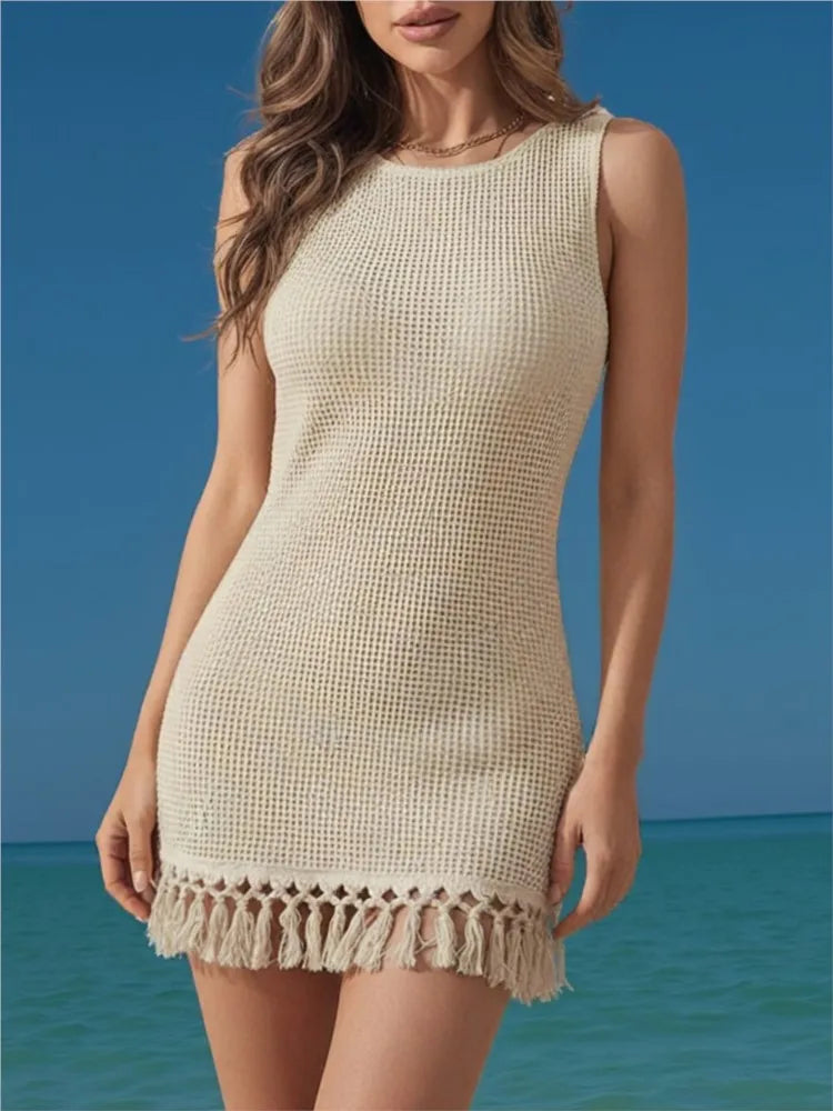 Hollow Out O-Neck Crochet Knitted Tunic Beach Cover Up Sleeveless Cover-ups Beach Mini Dress Beach Wear Beachwear Female