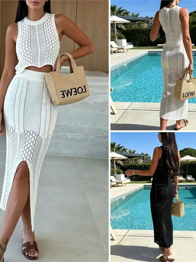 Swimwear Skirt Cover-up 2 Piece Set Women Crop Tops And Midi Skirt Bathing Suit Fashion Solid Hollow Sexy Beach Cover Up Outfits