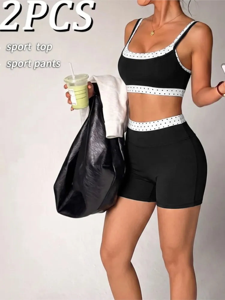 2 Piece Women Quick-Dry Sports Set O-Neck Sleeveless Top Shorts Running Fitness Workout Athletic Wear Tracksuit Sportswear