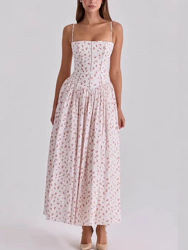 Elegant Women Flower Printing Long Maxi Dress Fashion Spaghetti Strap Dresses Evening Ladies Street Party Vestidos 2026 Summer