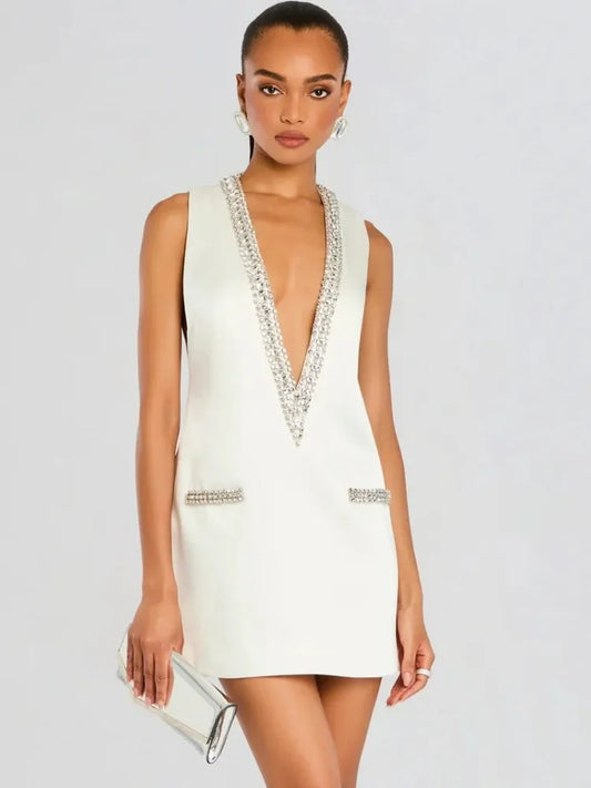 Elegant Women Luxury Formal Rhinestone V-Neck Mini Dress Fashion Sleeveless Evening Ladies Street Party Vestidos Spring Summer
