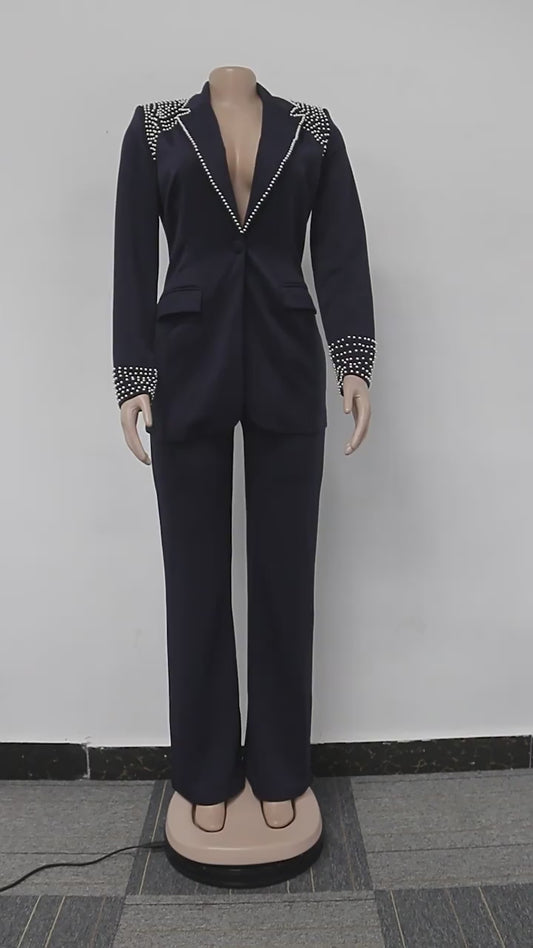 2 Pieces Women's Sets Autumn Winter Long Sleeve Pearl Blazers Suit Tops And Pants Suits Two Piece Set Tracksuit Outfit 2025